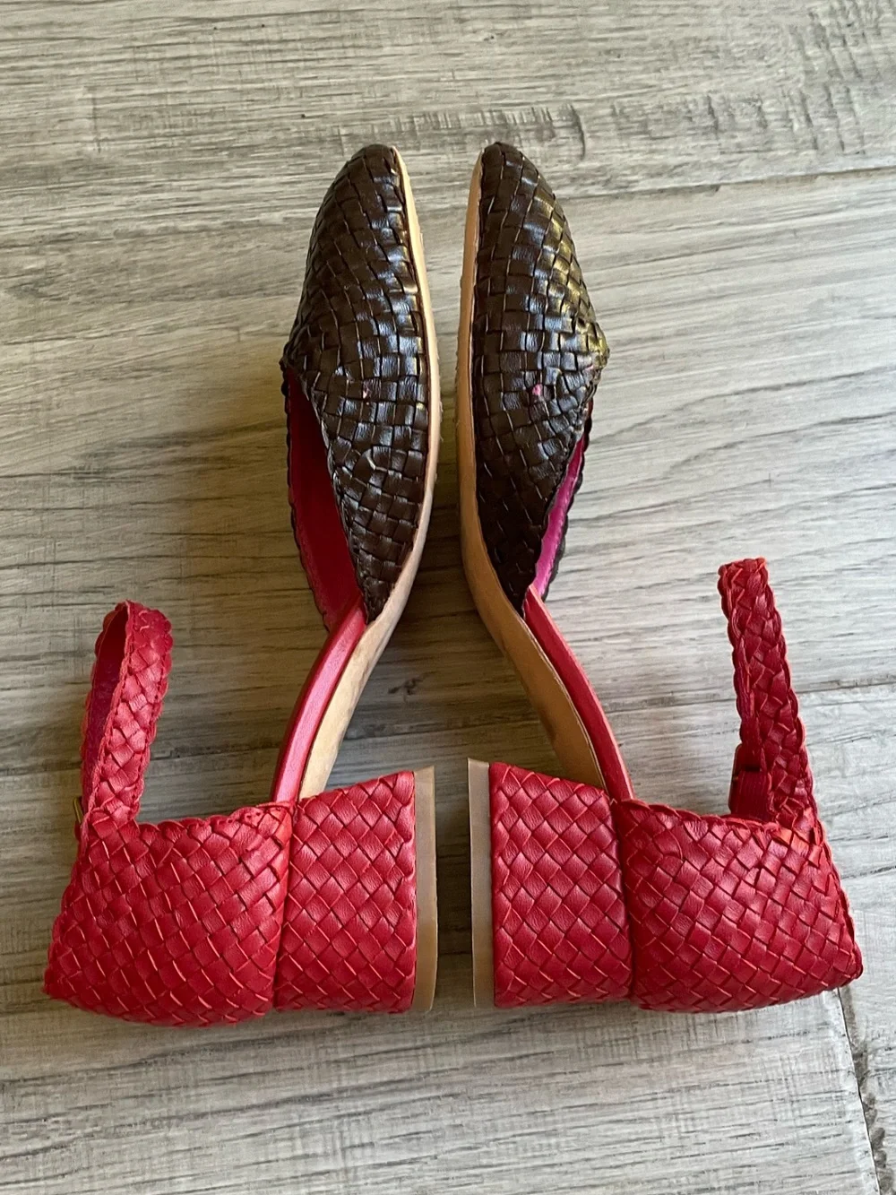 Charlotte Stone Mary Jane Chunky Heel Woven Leather Brown/Red Mod Chic SZ 7
